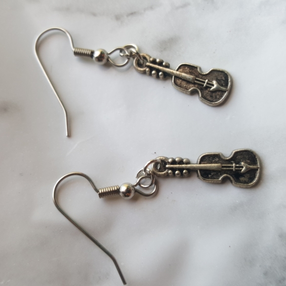 Violin Fiddle Earrings Surgical Steel Silver Tone - Picture 4 of 8